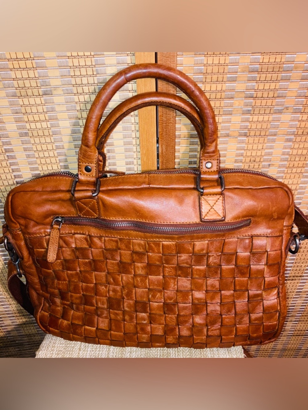 VILENCA HOLLAND |  MYA COGNAC LEATHER WOVEN TOTE/BRIEF CASE/BAG